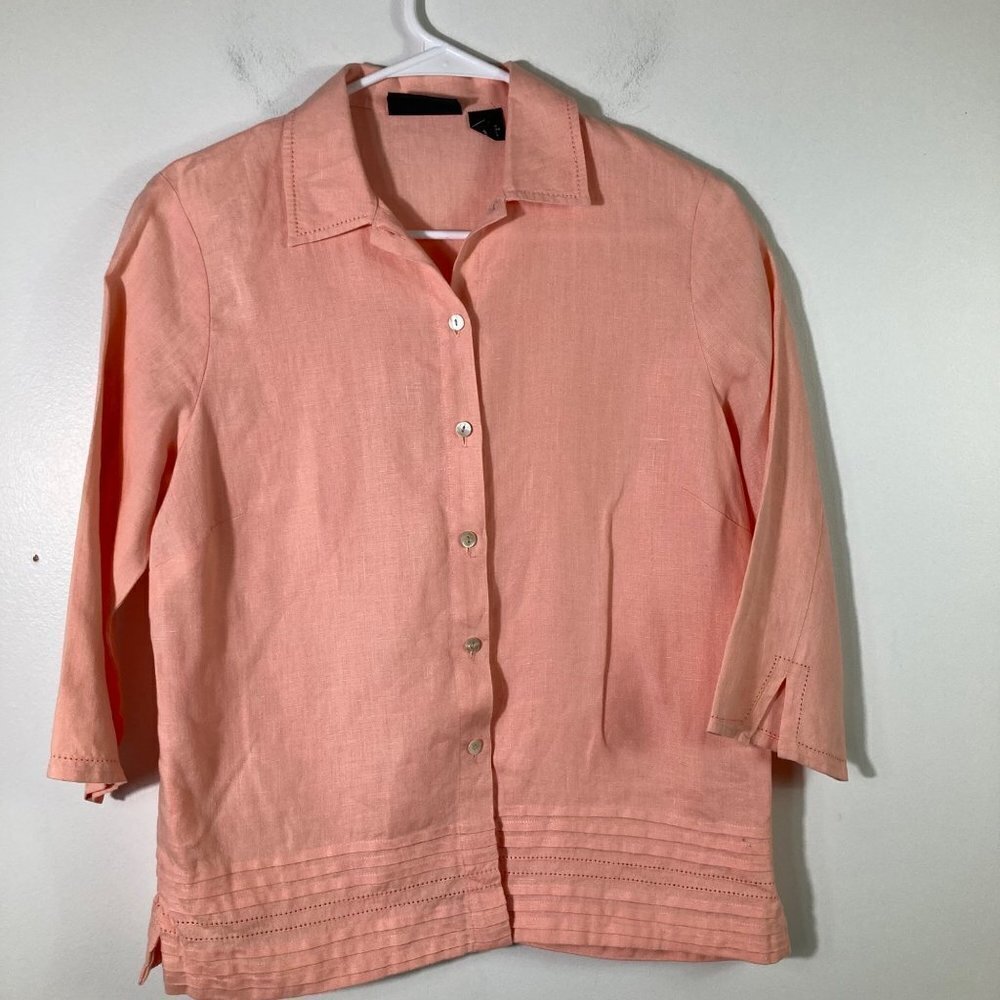 Womens Parisian Petites Linen Button Shirt 3/4 Sleeve Pleat Detail‎ Peach 4P